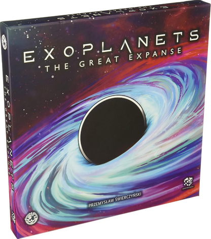 Box for the board game "Exoplanets: The Great Expanse," featuring a vibrant, swirling galaxy around a black hole