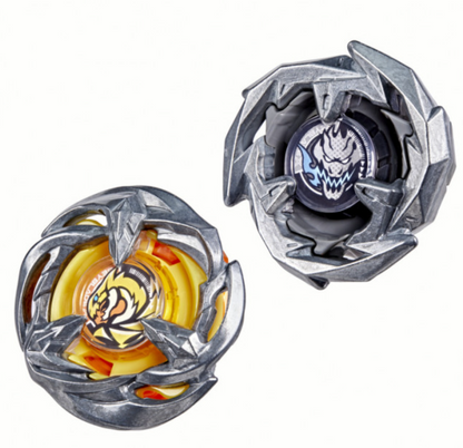 Two Beyblade spinning tops, one yellow with a gold dragon, and one grey with a white dragon symbol