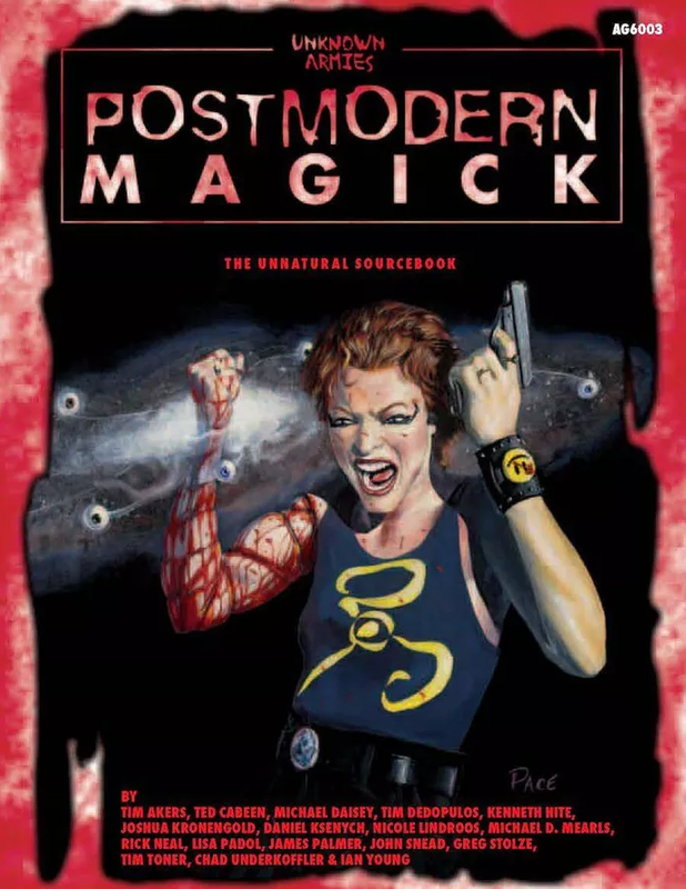 Unknown Armies Postmodern Magick RPG cover: Red-haired woman with a bloody, glowing arm, screaming while holding a pistol amidst floating eyeballs