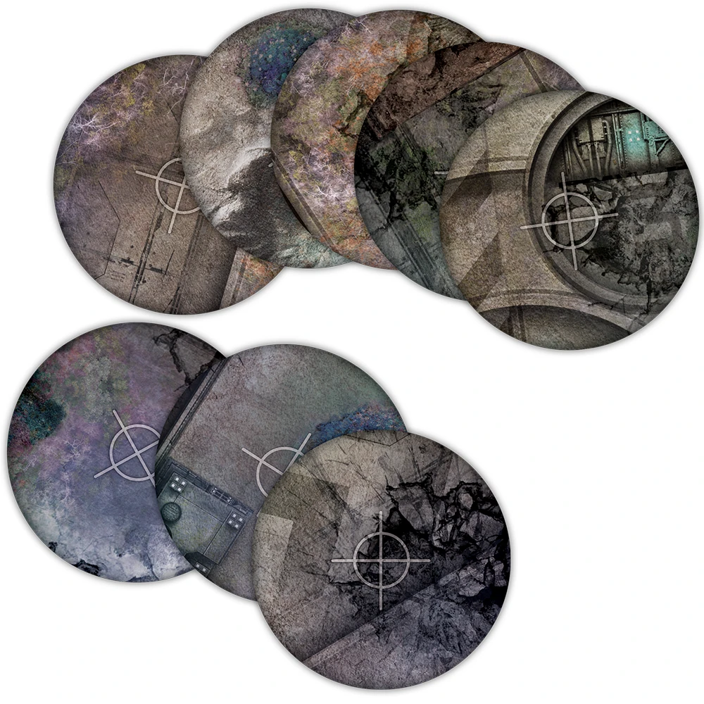 Eight round, gritty TerrainCrate Grim Battlefield Objectives Templates with distressed, abstract designs and a central crosshair symbol