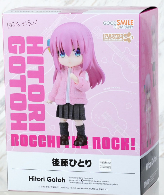 Hitori Gotoh Nendoroid Doll box featuring the anime character in a pink jacket and grey skirt