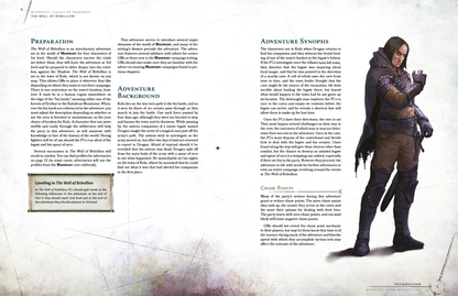 A grim man in a dark hooded cloak and studded leather armor stands, looking down intently