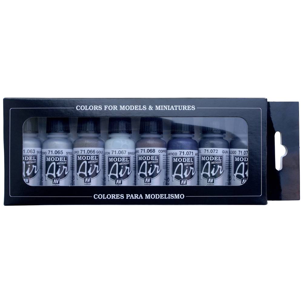 Black box with a clear window showing 8 bottles of metallic model airbrush paints for miniatures