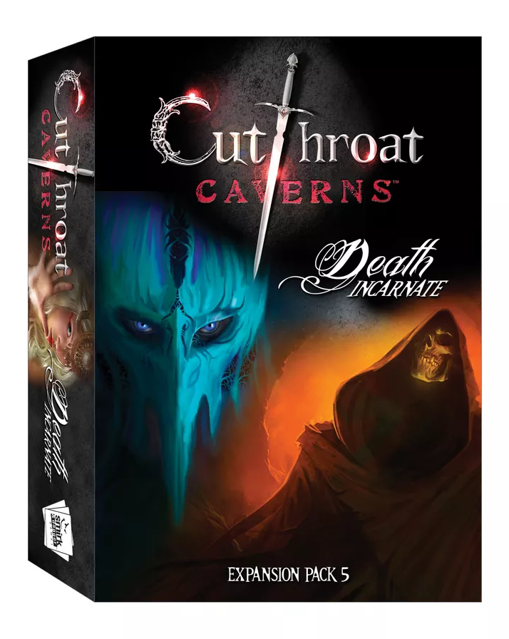 Box for Cutthroat Caverns: Death Incarnate Expansion 5. Art shows a sword, blue creature, and hooded skeleton.