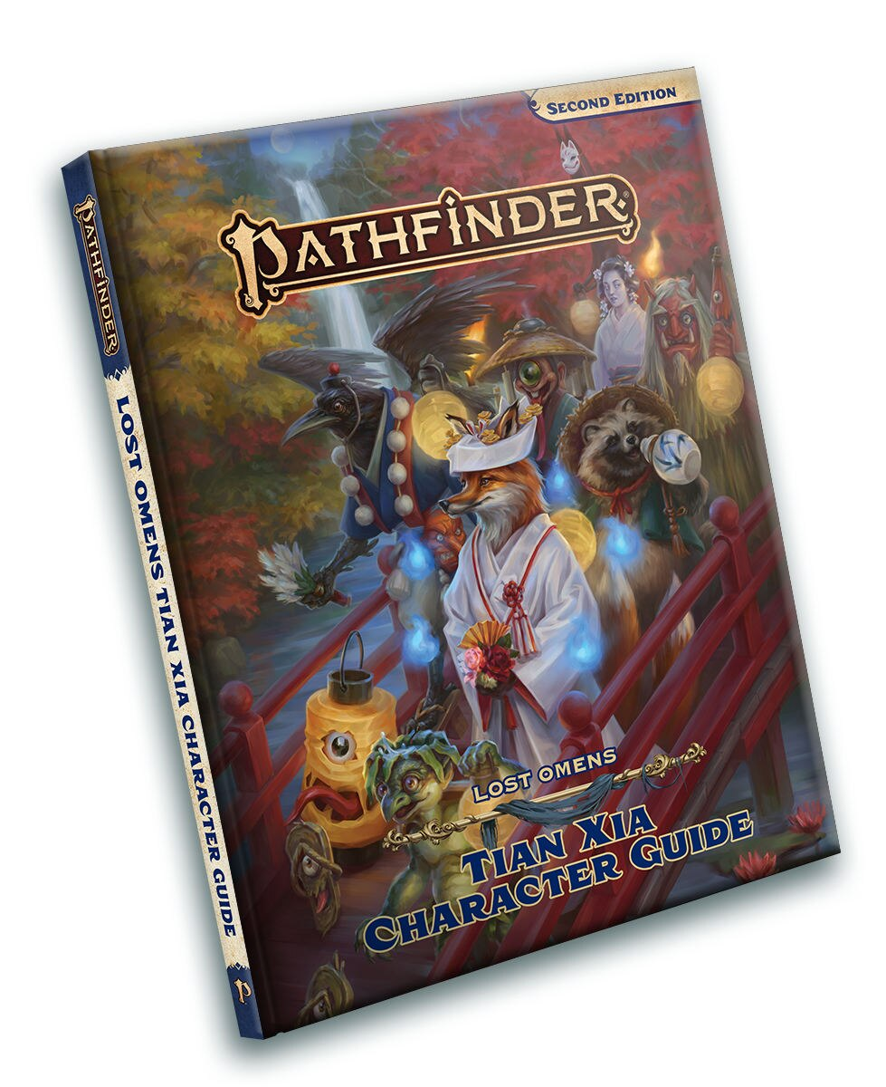 Pathfinder Lost Omens Tian Xia Character Guide cover: A fox-person and diverse fantasy characters on a red bridge