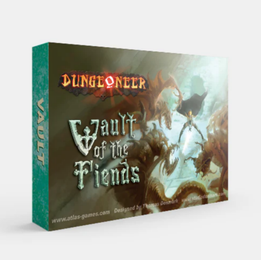 Dungeoneer: Vault of the Fiends board game box with cover art of a hero battling multiple fiends