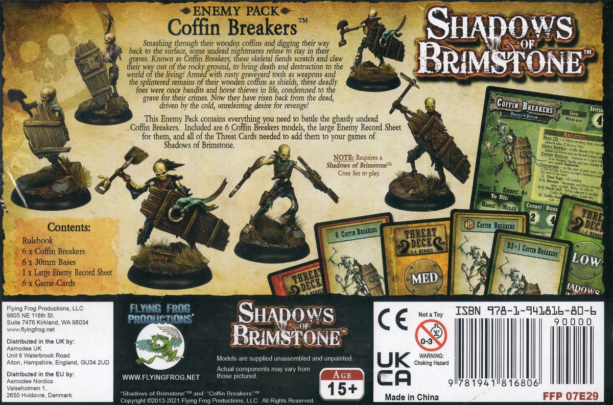 Back of Shadows of Brimstone: Coffin Breakers enemy pack box. Skeletal miniatures wield shovels and coffin-lid shields; game cards visible