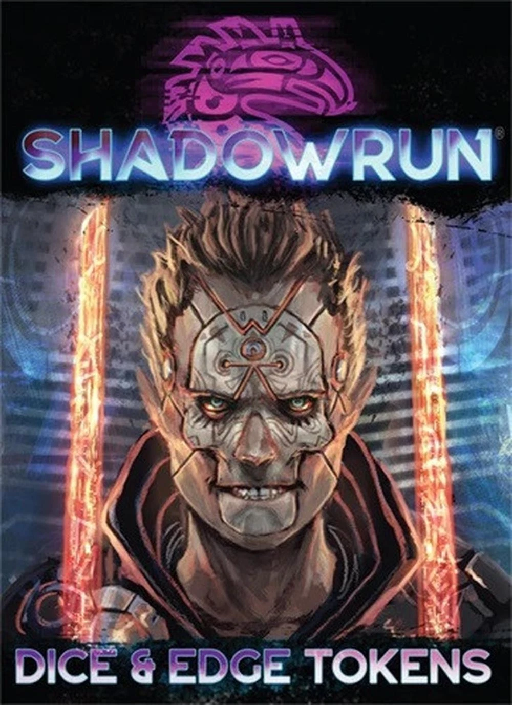Shadowrun cover: A cybernetic elf with glowing eyes holds two orange energy blades against a cyberpunk city background