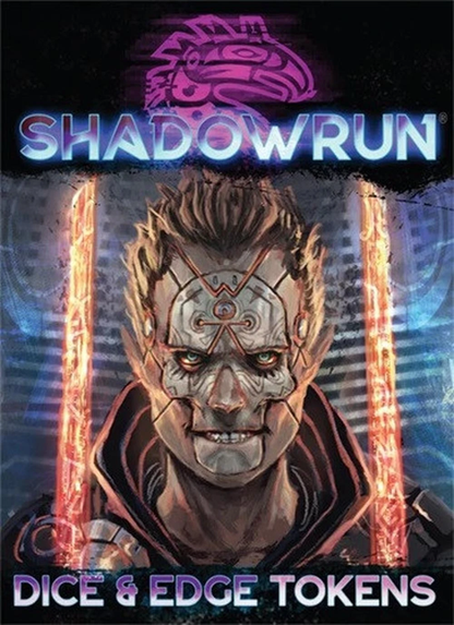 Shadowrun cover: A cybernetic elf with glowing eyes holds two orange energy blades against a cyberpunk city background