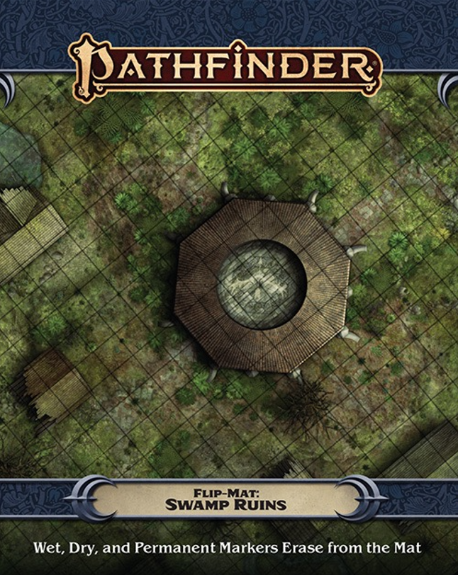 Pathfinder Flip-Mat: Swamp Ruins game map, an overhead view of a gridded swamp with a central octagonal ruin and smaller buildings.