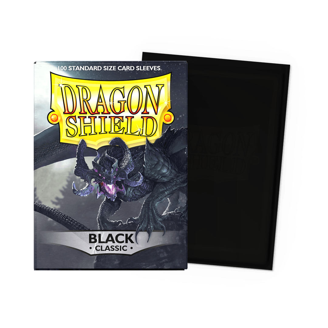 Dragon Shield Classic Black 100-count Standard Size Card Sleeves pack, featuring a black dragon &amp; black sleeves