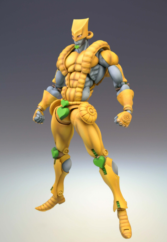 Yellow and gray articulated action figure of The World from JoJo's Bizarre Adventure anime standing with fists clenched