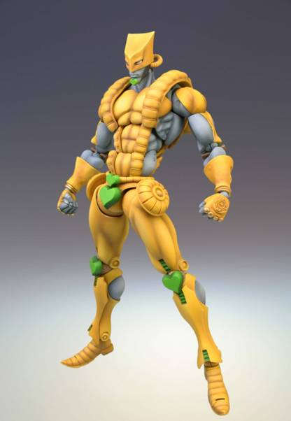 Yellow and gray articulated action figure of The World from JoJo's Bizarre Adventure anime standing with fists clenched