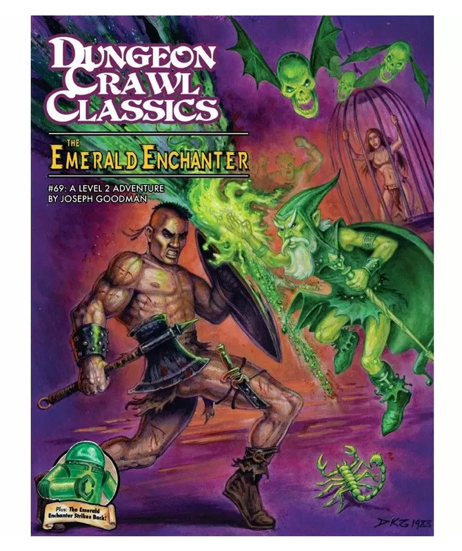 Dungeon Crawl Classics: The Emerald Enchanter cover, a muscular barbarian battles a green-robed wizard casting emerald magic, surrounded by flying skulls, a captive woman, and a scorpion