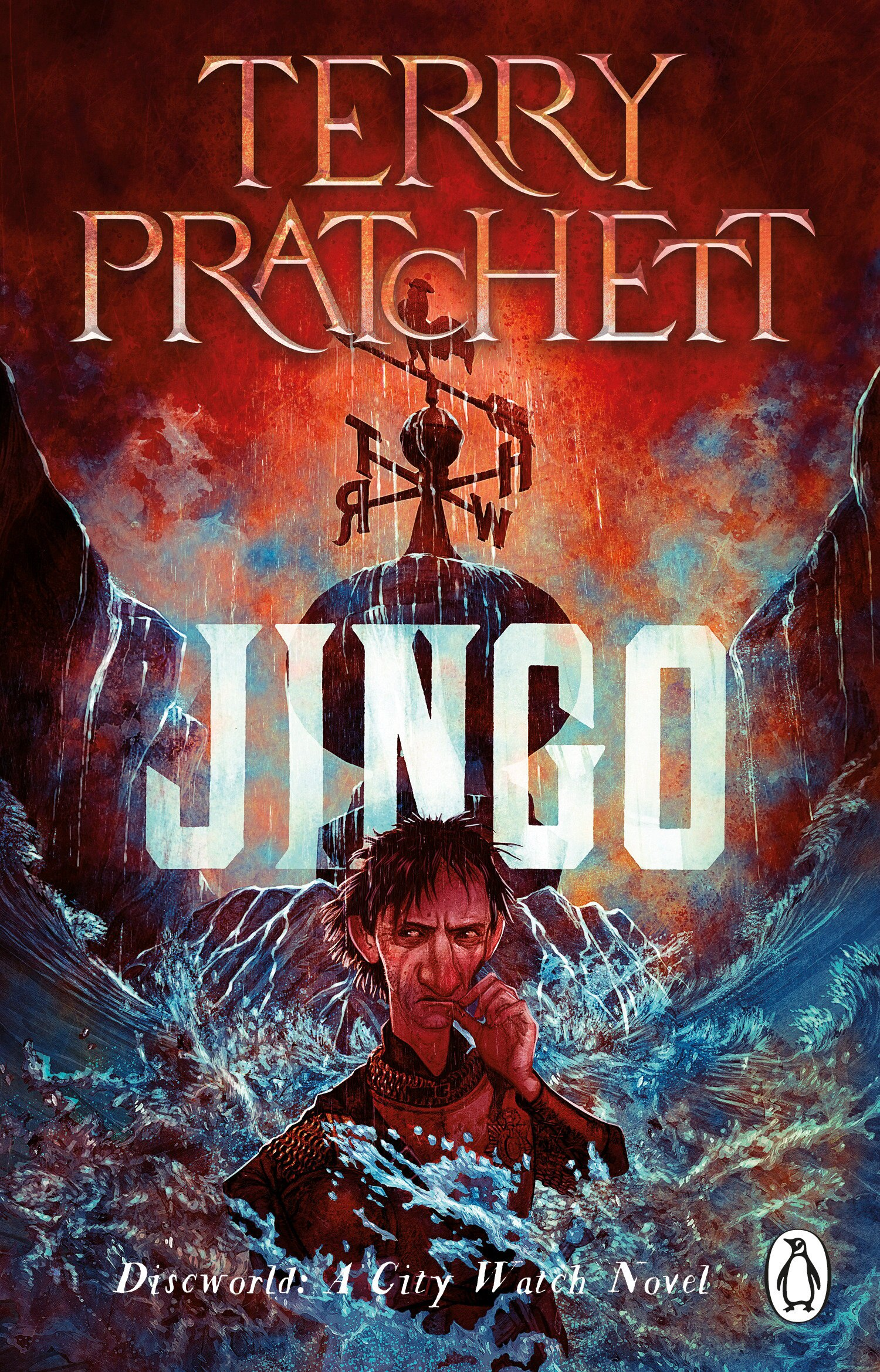 Book cover for Terry Pratchett's Jingo. A grim man emerges from stormy blue water under a red, rainy sky and weathervane