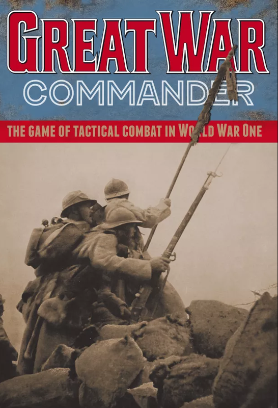 Great War Commander game cover. Sepia photo of WWI soldiers advancing with rifles and bayonets