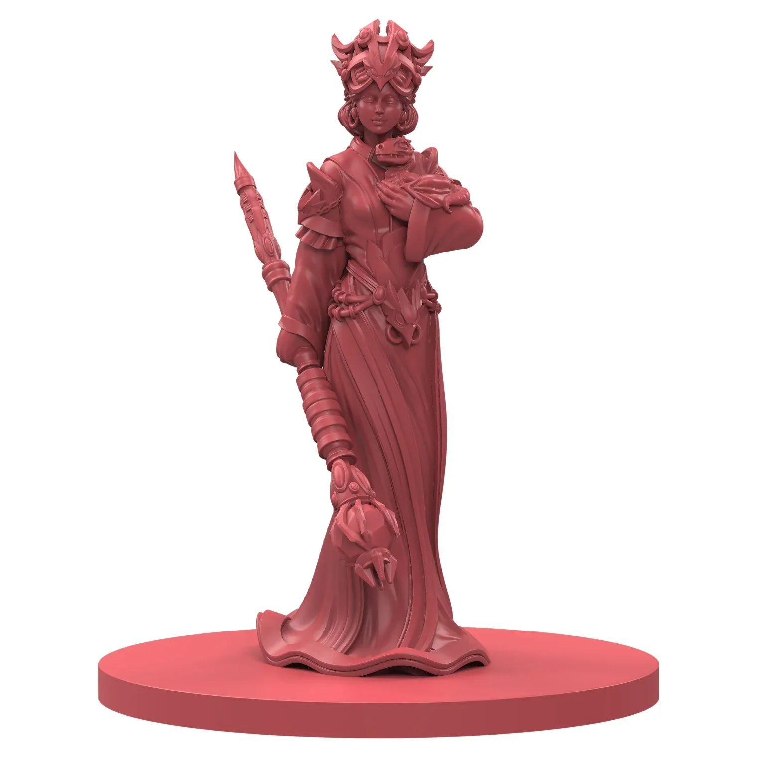 Monochromatic red miniature of a crowned female character holding a staff