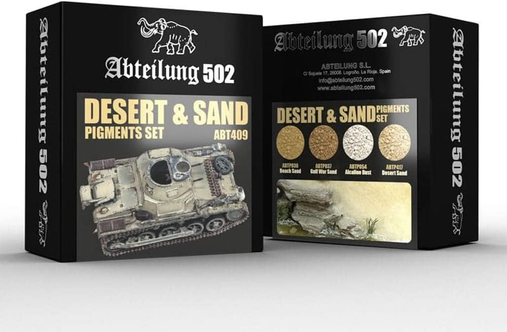 Abteilung 502 Desert & Sand modeling pigment sets, featuring a weathered tank model and pigment samples