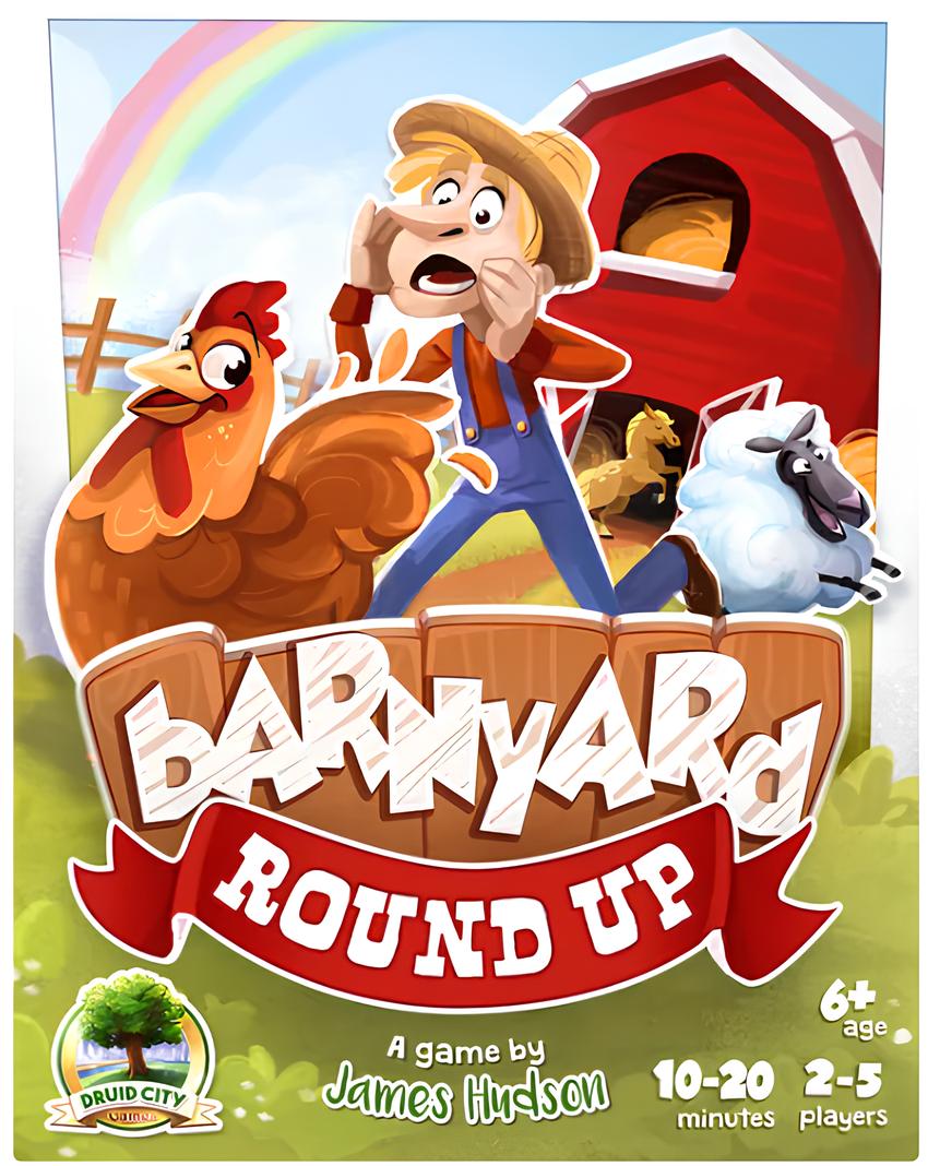 Barnyard Round Up game cover: A shocked farmer reacts to a chicken, jumping sheep, and a horse at a red barn.