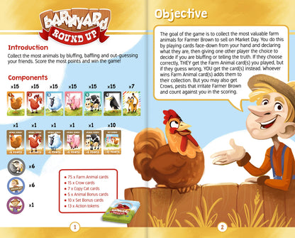 Barnyard Round Up game rulebook page displaying farm animal cards, tokens, game rules, and a farmer talking to a rooster.