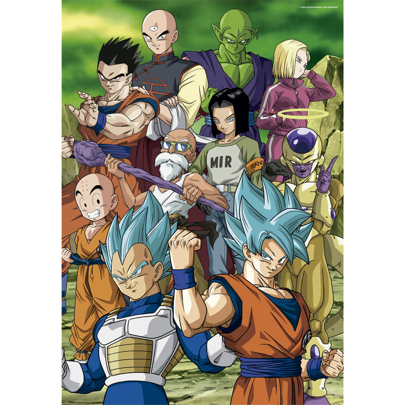 Super Dragonball 104-piece puzzle with Goku, Vegeta, and other characters on a green background