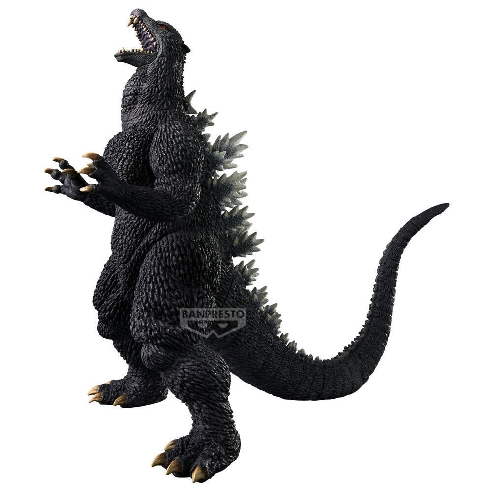 Detailed black Godzilla action figure, mouth open in a roar, featuring grey dorsal fins and gold claws
