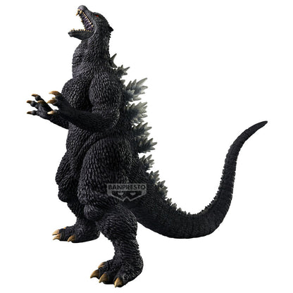 Detailed black Godzilla action figure, mouth open in a roar, featuring grey dorsal fins and gold claws
