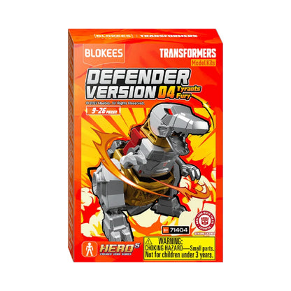 Product box for Blokees Transformers Defender Version 04 model kit showing a mechanical dinosaur figure