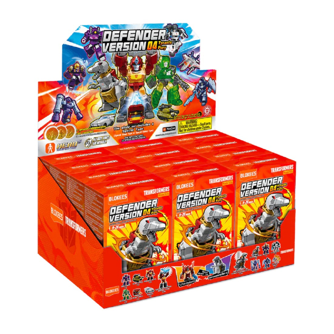 Retail display box holding multiple Blokees Transformers "Defender Version 04" blind boxes featuring figures