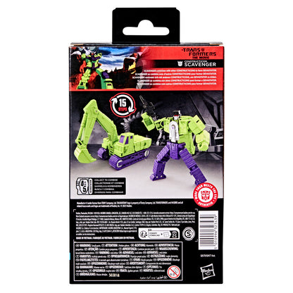 Transformers Constructicon Scavenger toy packaging back, green and purple robot and excavator vehicle modes shown, combining to form Devastator