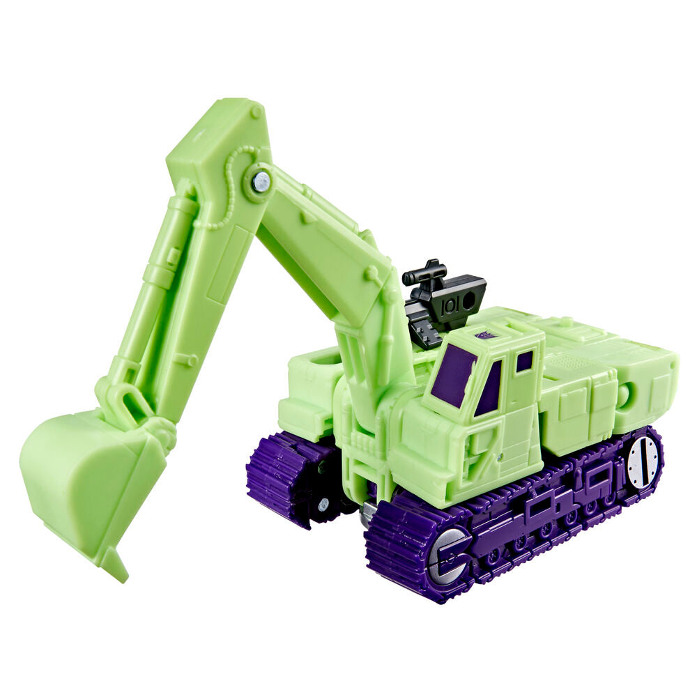 Lime green toy construction excavator with purple treads and bucket arm on white