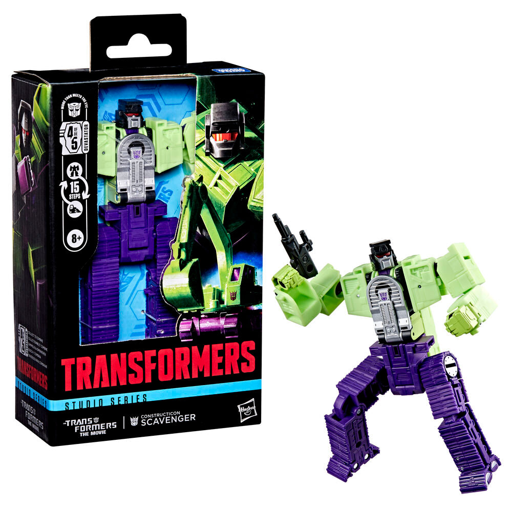 Transformers Studio Series Constructicon Scavenger action figure, green and purple robot, displayed with its box