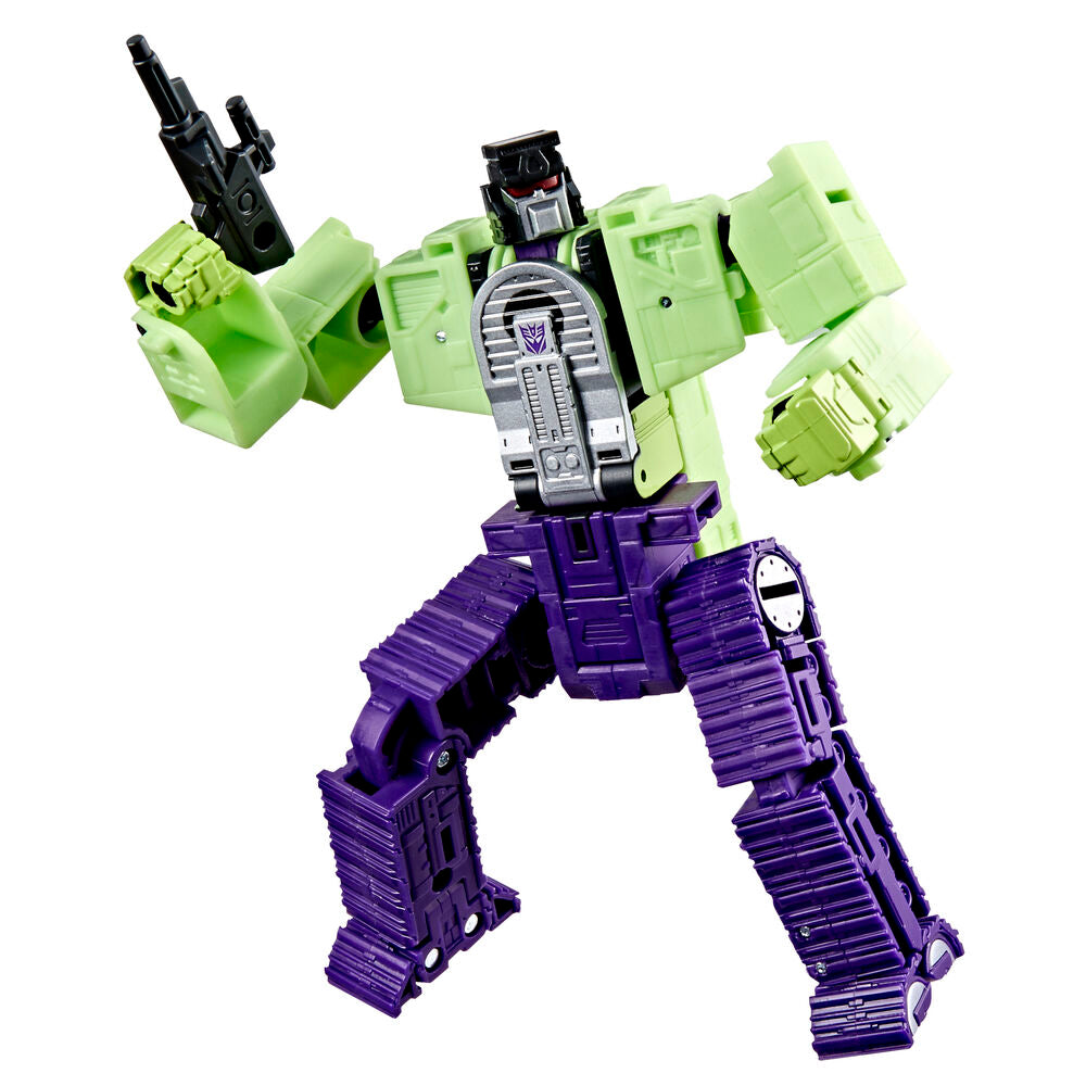 Constructicon Scrapper Transformers toy, light green torso and purple tread legs, holding a black gun