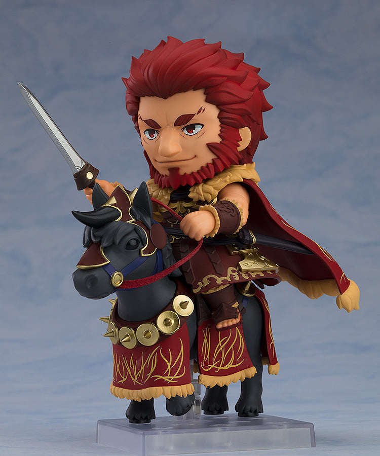 Nendoroid Rider Iskandar DX Edition figure from FateGrand Order showcasing a chibi-style Iskandar in red armor holding a sword while riding a black horse