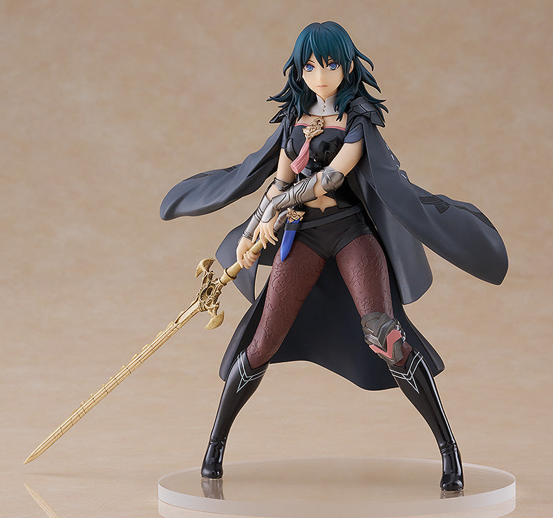 Female Byleth POP UP PARADE figure in battle pose wielding the Sword of the Creator black cloak dark tights with pattern