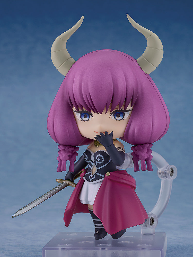 Good Smile Company Frieren Nendoroid Aura the Guillotine figure purple hair and horns holding a sword on a clear display stand