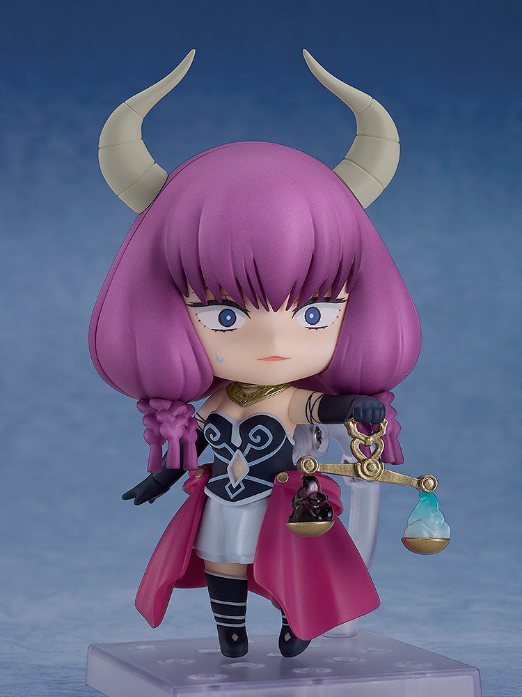 Good Smile Company Frieren Beyond Journey's End Nendoroid Aura the Guillotine figure She has purple hair horns and holds golden scales with blue and black elements