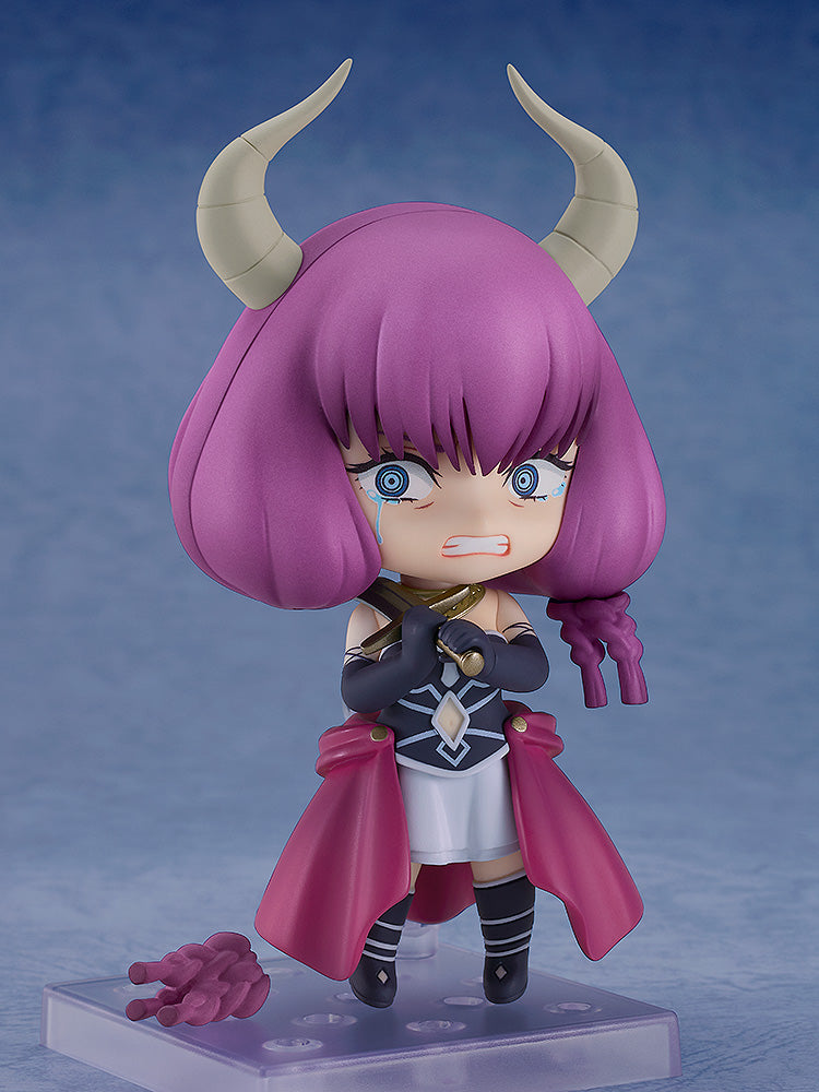 Nendoroid Aura the Guillotine figure from Frieren Beyond Journey's End depicting a crying expression with horns and purple hair wearing a black and white outfit with a dark pink cloak standing on a