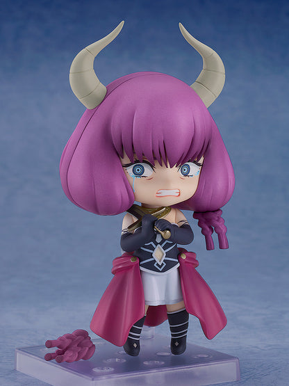 Nendoroid Aura the Guillotine figure from Frieren Beyond Journey's End depicting a crying expression with horns and purple hair wearing a black and white outfit with a dark pink cloak standing on a