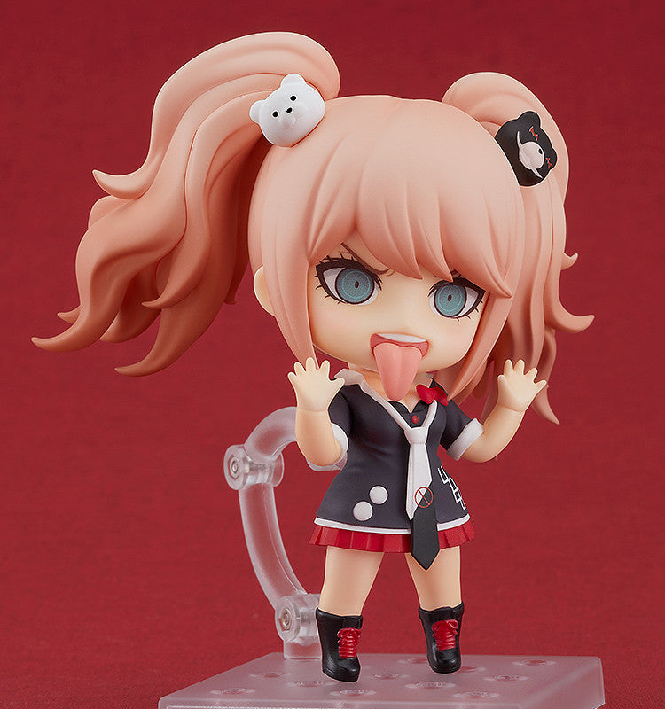 Good Smile Company Danganronpa Nendoroid Junko Enoshima figure pink pigtails with bear clips sticking out tongue black uniform red skirt black boots