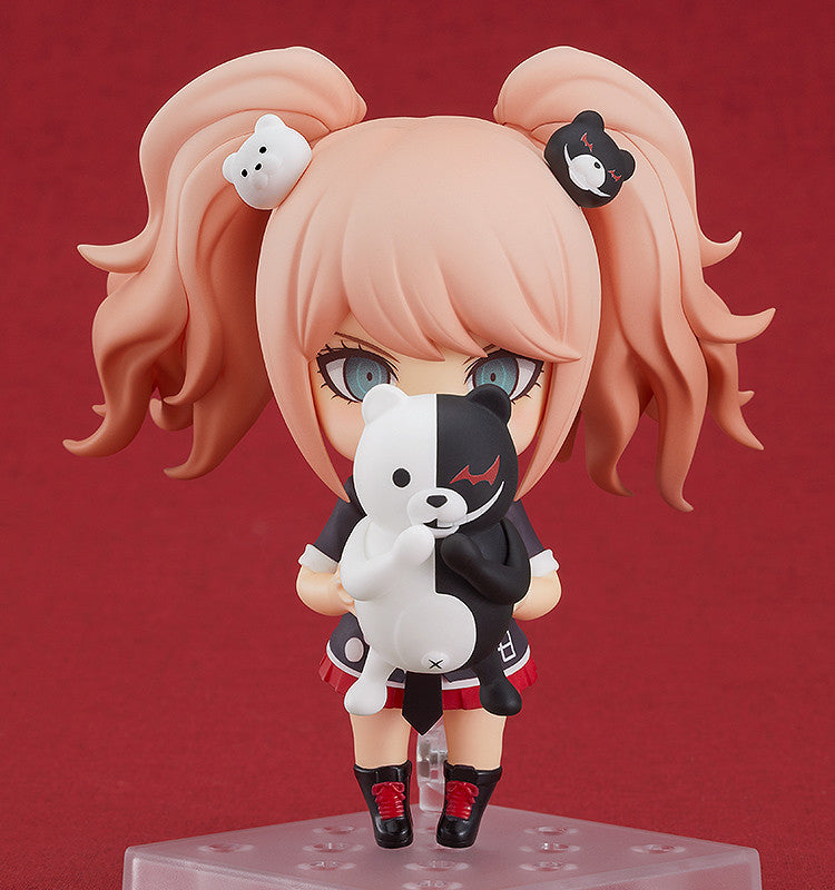 Nendoroid Junko Enoshima figure Danganronpa 12 Reload in black and red outfit holding a black and white Monokuma plushie on a stand