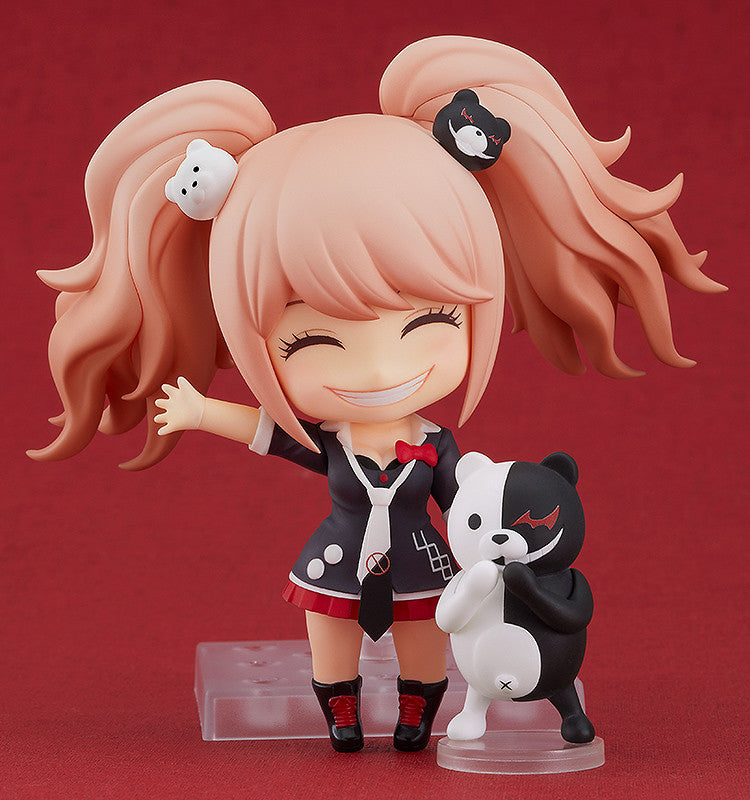 Good Smile Company Danganronpa Junko Enoshima Nendoroid figure with Monokuma featuring Junko in her black and red uniform smiling