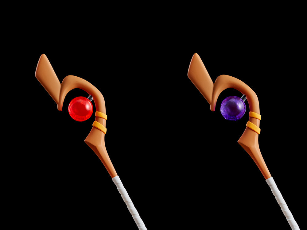 Konosuba Megumin staff with a red orb and another with a purple orb on a black background