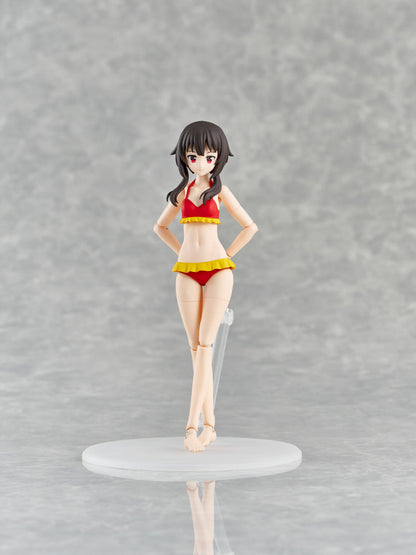 Megumin Konosuba figFIX figure in red bikini with yellow trim on display stand