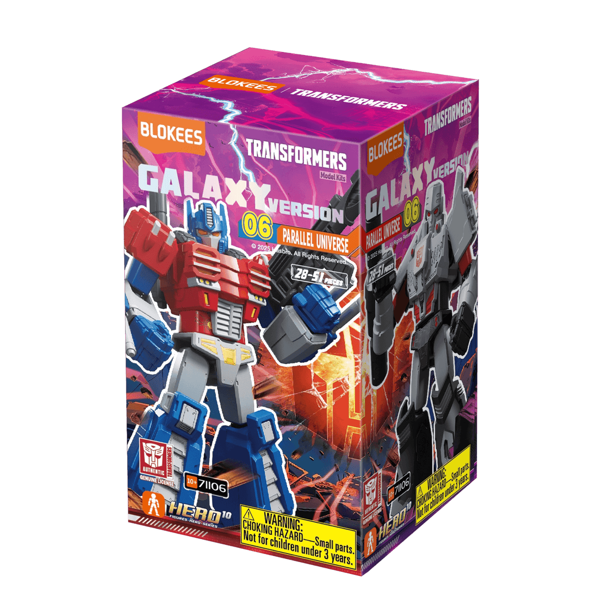 Boxed BLOKEEES Transformers Galaxy Version 06 Parallel Universe model kit featuring Optimus Prime and Megatron figures