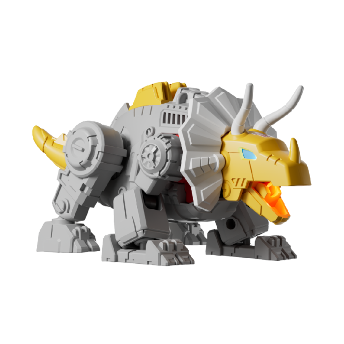 Gray and yellow robot dinosaur toy in a triceratops form with glowing orange mouth