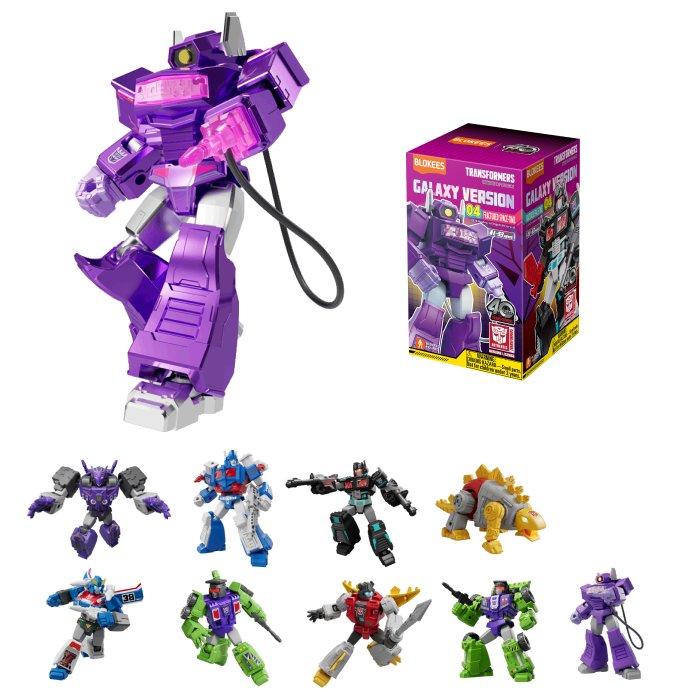 Purple Shockwave Transformer figure with box and display of other Transformer figures