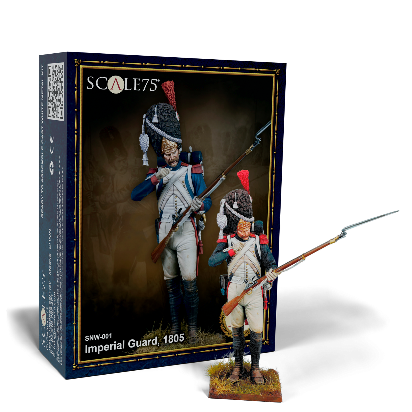 SCALE75 Imperial Guard 1805 metal model kit box with an assembled miniature soldier, rifle, and bearskin hat.