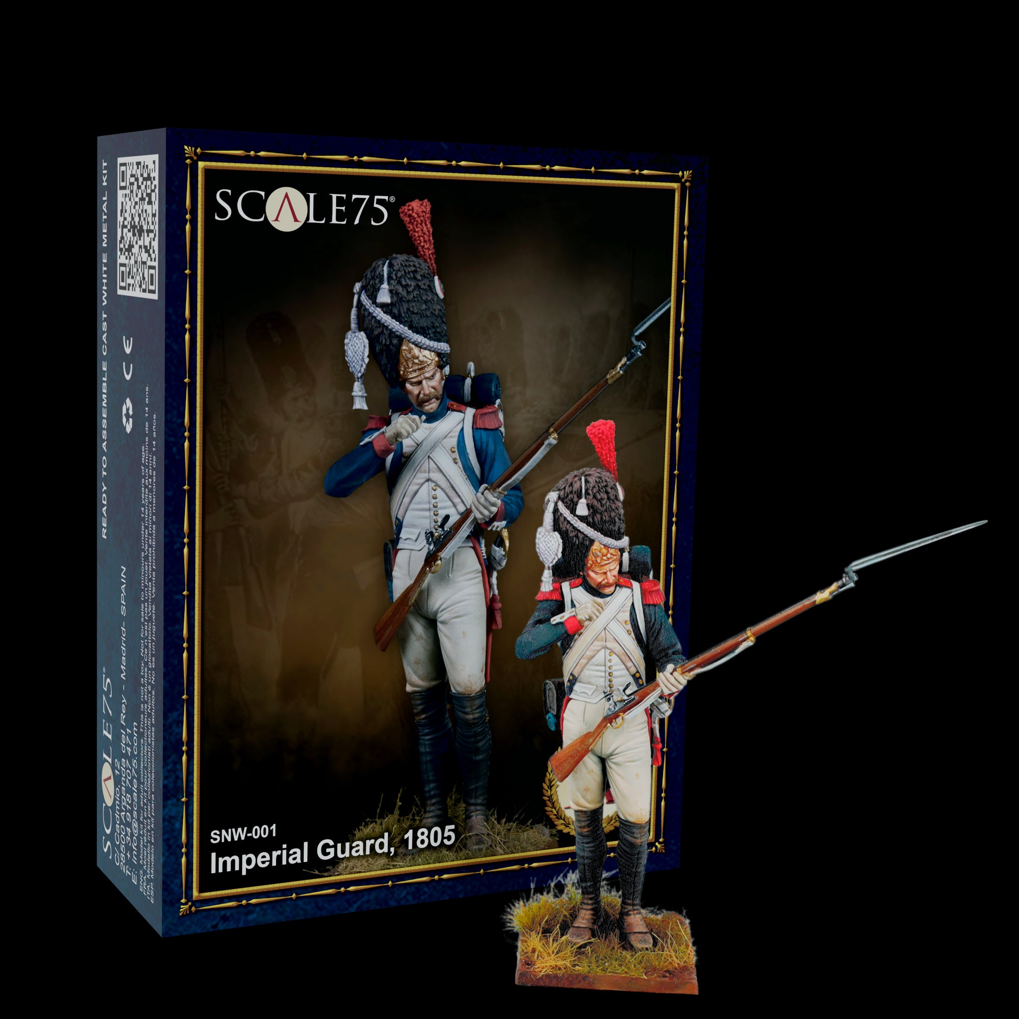SCALE75 Imperial Guard 1805 metal model kit box with an assembled miniature soldier, rifle, and bearskin hat.