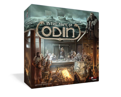 Board game box for 'In the Name of Odin' -  art features Vikings reveling in a hall -  ships sailing a stormy sea -  and a warrior